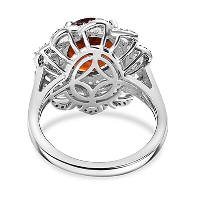 D'Joy Ceylon Hessonite Garnet and Moissanite 5.20 ctw Ring in Rhodium Over Sterling Silver (Size 10.0)