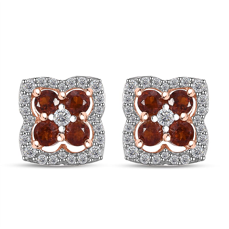 D'Joy Ceylon Hessonite Garnet and White Zircon 1.35 ctw Stud Earrings in 18K Vermeil Rose Gold Over Sterling Silver