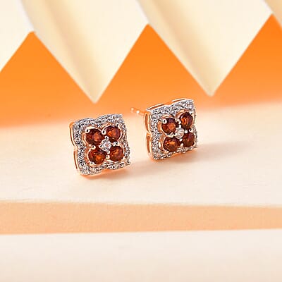 D'Joy Ceylon Hessonite Garnet and White Zircon 1.35 ctw Stud Earrings in 18K Vermeil Rose Gold Over Sterling Silver