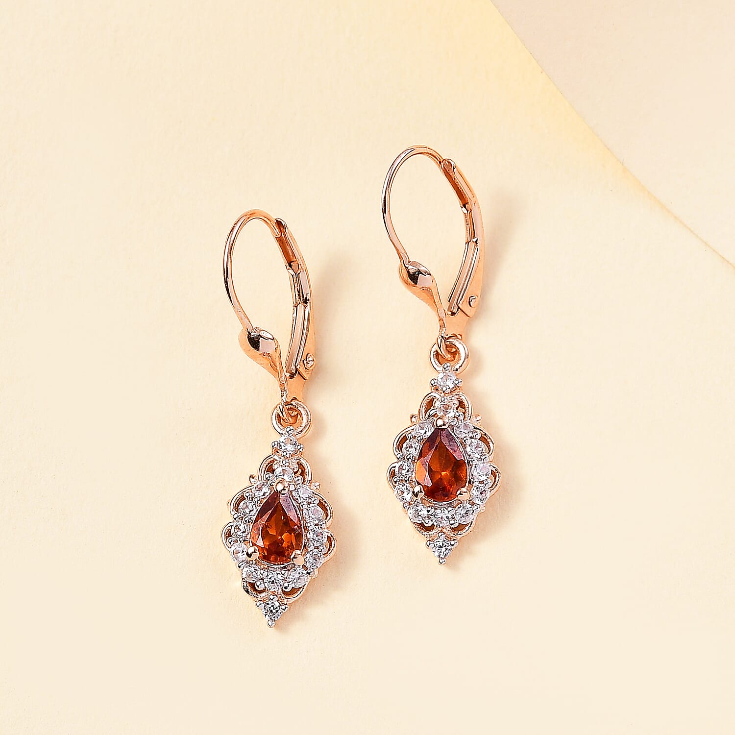 D'Joy Ceylon Hessonite Garnet and White Zircon 1.50 ctw Dangling Earrings in 18K Vermeil Rose Gold Over Sterling Silver