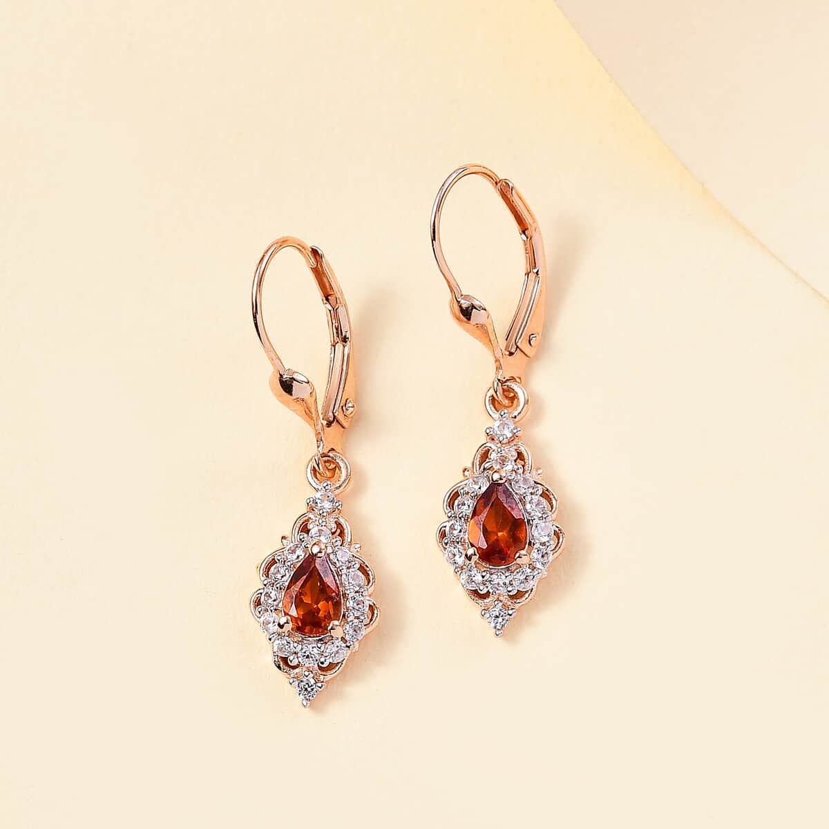 Ceylon Hessonite Garnet and White Zircon 1.50 ctw Dangling Earrings in 18K Vermeil Rose Gold Over Sterling Silver image number 1