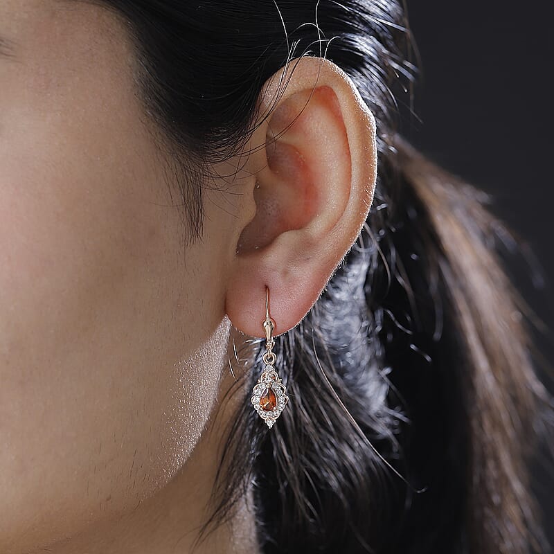 D'Joy Ceylon Hessonite Garnet and White Zircon 1.50 ctw Dangling Earrings in 18K Vermeil Rose Gold Over Sterling Silver
