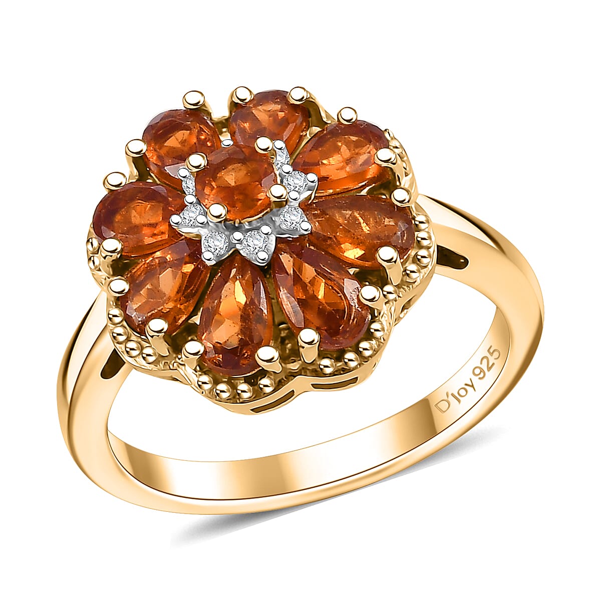 D'Joy Ceylon Hessonite Garnet and White Zircon 2.35 ctw Floral Ring in 18K Vermeil Yellow Gold Over Sterling Silver (Size 10.0)