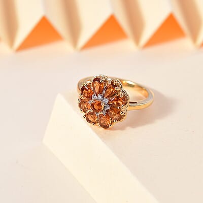 D'Joy Ceylon Hessonite Garnet and White Zircon 2.35 ctw Floral Ring in 18K Vermeil Yellow Gold Over Sterling Silver (Size 10.0)
