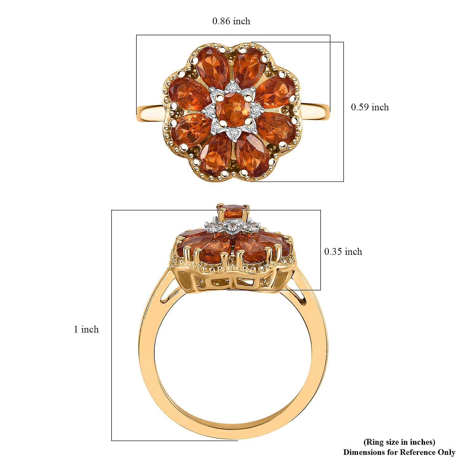 D'Joy Ceylon Hessonite Garnet and White Zircon 2.35 ctw Floral Ring in 18K Vermeil Yellow Gold Over Sterling Silver (Size 10.0)
