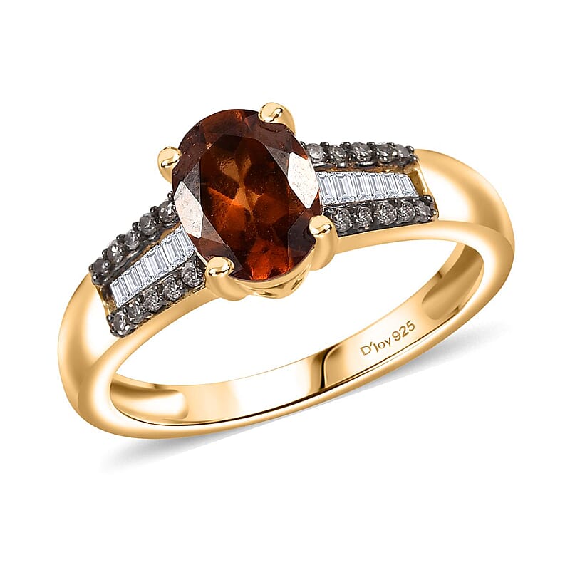 Ceylon Hessonite Garnet, Natural Champagne and White Diamond 1.40 ctw Bridge Ring in 18K Vermeil Yellow Gold Over Sterling Silver (Size 10.0)