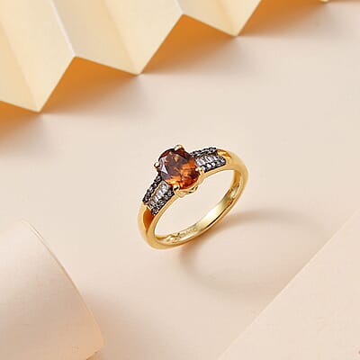 Ceylon Hessonite Garnet, Natural Champagne and White Diamond 1.40 ctw Bridge Ring in 18K Vermeil Yellow Gold Over Sterling Silver (Size 10.0)