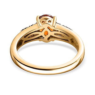 Ceylon Hessonite Garnet, Natural Champagne and White Diamond 1.40 ctw Bridge Ring in 18K Vermeil Yellow Gold Over Sterling Silver (Size 10.0)