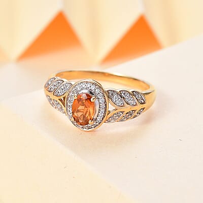 D'Joy Ceylon Hessonite Garnet and White Zircon 0.90 ctw Ring in 18K Vermeil Yellow Gold Over Sterling Silver (Size 10.0)