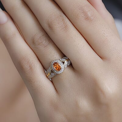 D'Joy Ceylon Hessonite Garnet and White Zircon 0.90 ctw Ring in 18K Vermeil Yellow Gold Over Sterling Silver (Size 10.0)