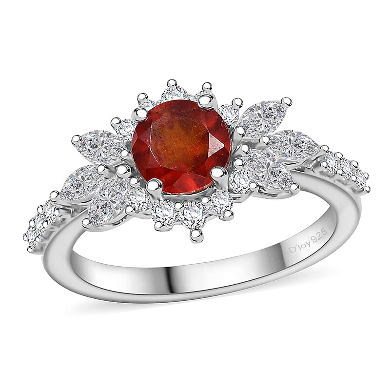 D'Joy Ceylon Hessonite Garnet and White Zircon 2.15 ctw Floral Ring in Rhodium Over Sterling Silver (Size 10.0) (Del. in 10-12 Days)