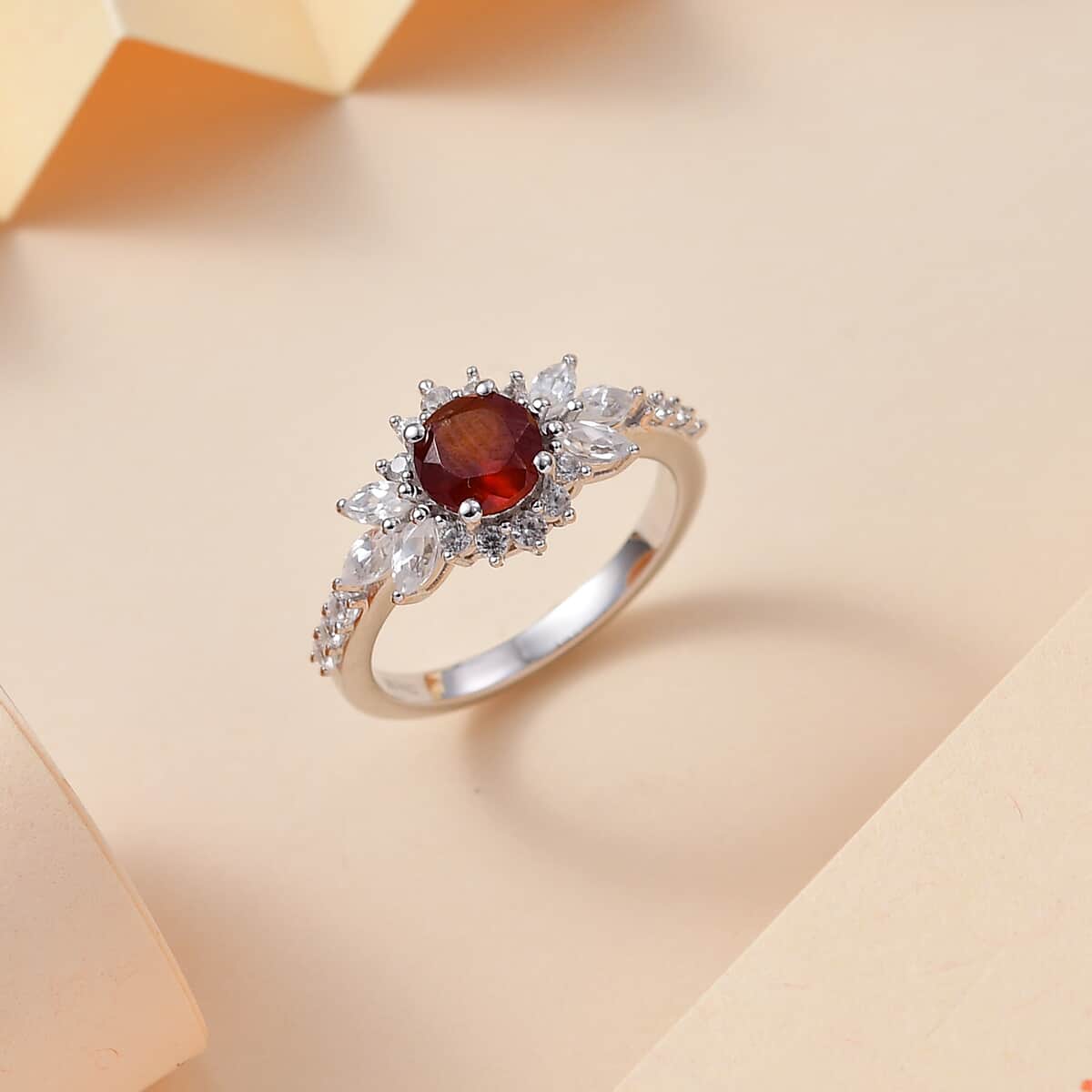 Ceylon Hessonite Garnet and White Zircon 2.15 ctw Floral Ring in Rhodium Over Sterling Silver (Size 10.0) (Del. in 10-12 Days) image number 1