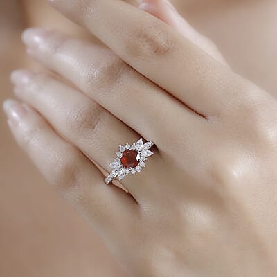 D'Joy Ceylon Hessonite Garnet and White Zircon 2.15 ctw Floral Ring in Rhodium Over Sterling Silver (Size 10.0) (Del. in 10-12 Days)