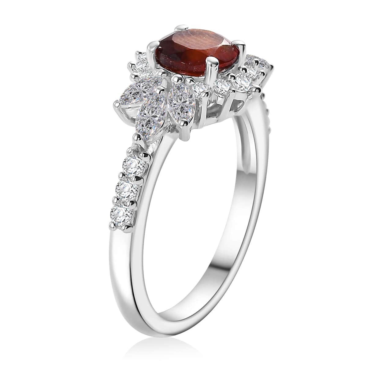 Ceylon Hessonite Garnet and White Zircon 2.15 ctw Floral Ring in Rhodium Over Sterling Silver (Size 10.0) (Del. in 10-12 Days) image number 3