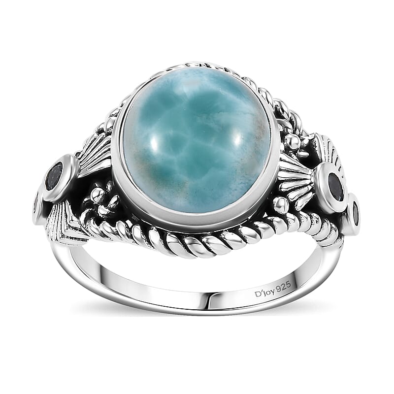 D'Joy Artisan Crafted Natural Green Larimar and Sky Blue Topaz 6.00 ctw Floral Ring in Black Oxidized Sterling Silver (Size 10.0)