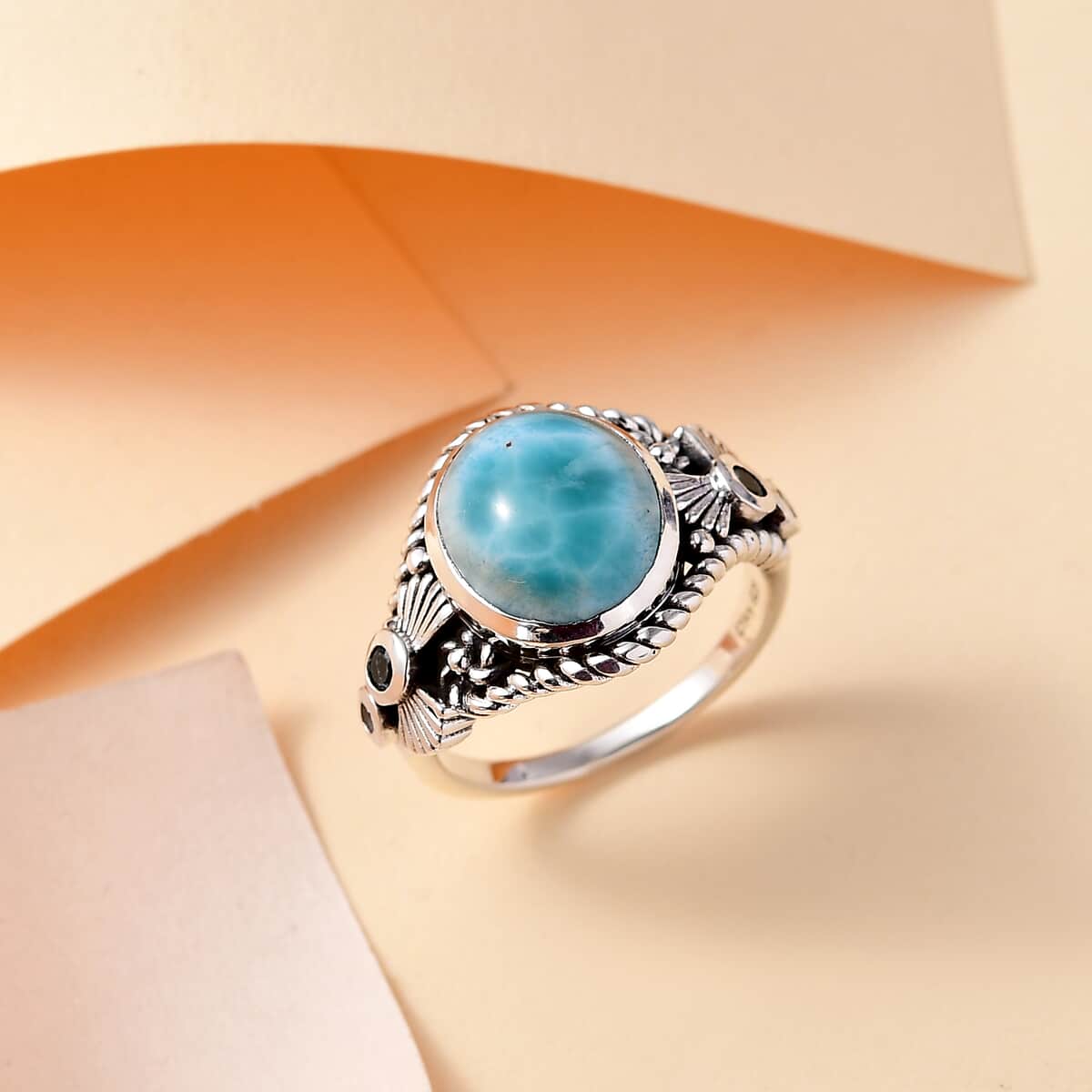 Artisan Crafted Natural Green Larimar and Sky Blue Topaz 6.00 ctw Floral Ring in Black Oxidized Sterling Silver (Size 10.0) image number 1