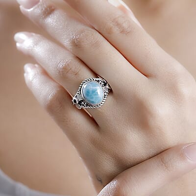 D'Joy Artisan Crafted Natural Green Larimar and Sky Blue Topaz 6.00 ctw Floral Ring in Black Oxidized Sterling Silver (Size 10.0)
