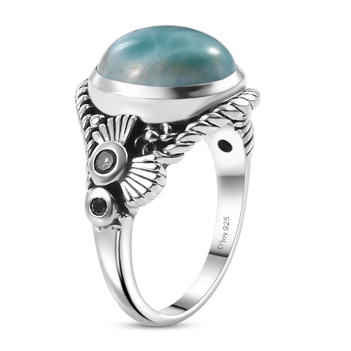 Artisan Crafted Natural Green Larimar and Sky Blue Topaz 6.00 ctw Floral Ring in Black Oxidized Sterling Silver (Size 10.0) image number 3