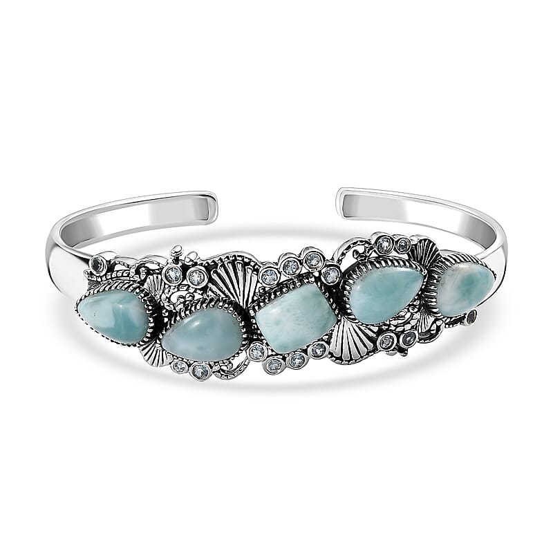 D'Joy Artisan Crafted Natural Green Larimar and Sky Blue Topaz 19.50 ctw Seaside Treasures Cuff Bracelet in Black Oxidized Sterling Silver (7.25 In)