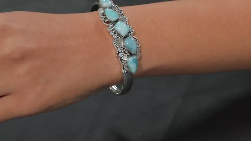 D'Joy Artisan Crafted Natural Green Larimar and Sky Blue Topaz 19.50 ctw Seaside Treasures Cuff Bracelet in Black Oxidized Sterling Silver (7.25 In)