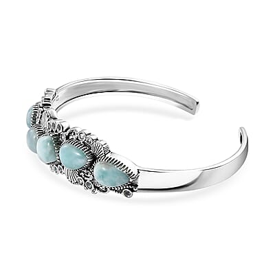 D'Joy Artisan Crafted Natural Green Larimar and Sky Blue Topaz 19.50 ctw Seaside Treasures Cuff Bracelet in Black Oxidized Sterling Silver (7.25 In)