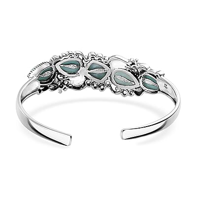 D'Joy Artisan Crafted Natural Green Larimar and Sky Blue Topaz 19.50 ctw Seaside Treasures Cuff Bracelet in Black Oxidized Sterling Silver (7.25 In)