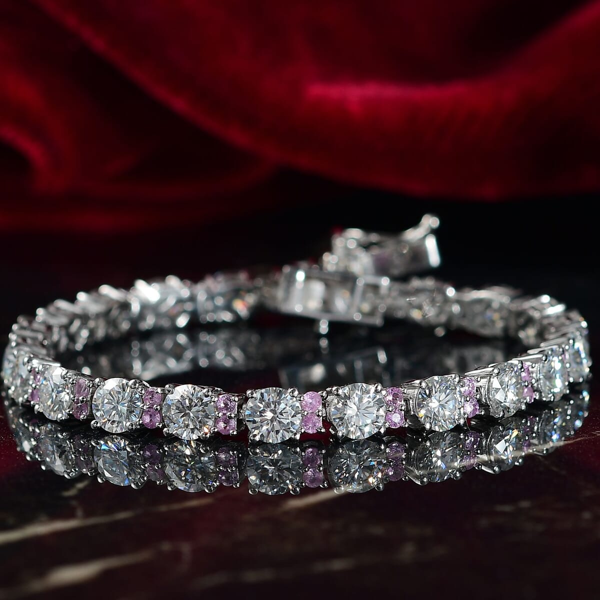 D'Joy Moissanite and Madagascar Pink Sapphire 13.35 ctw Dream Weaver Bracelet in Rhodium Over Sterling Silver (8.00 In) image number 1