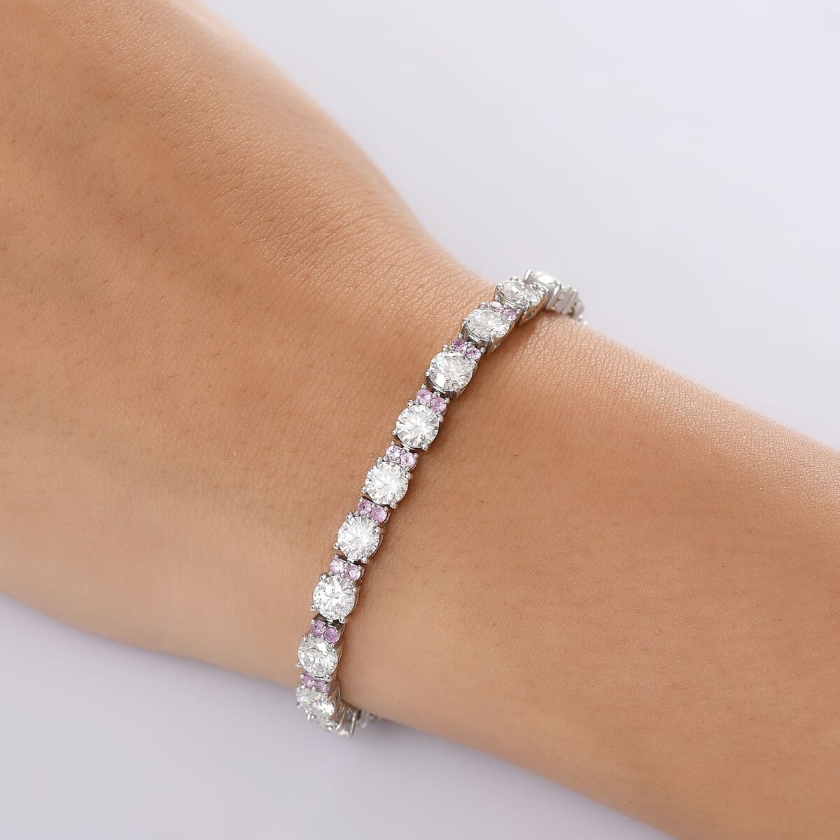 D'Joy Moissanite and Madagascar Pink Sapphire 13.35 ctw Dream Weaver Bracelet in Rhodium Over Sterling Silver (8.00 In) image number 2
