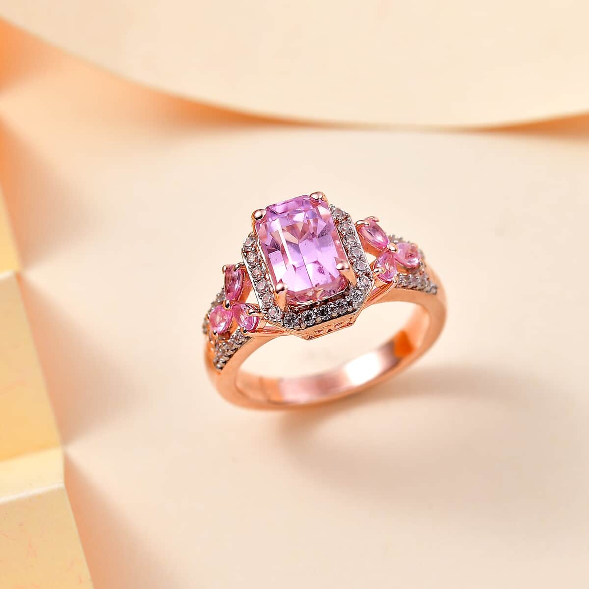 Patroke Kunzite and Multi Gemstone 4.00 ctw Halo Ring in 18K Vermeil Rose Gold Over Sterling Silver (Size 10.0) image number 1