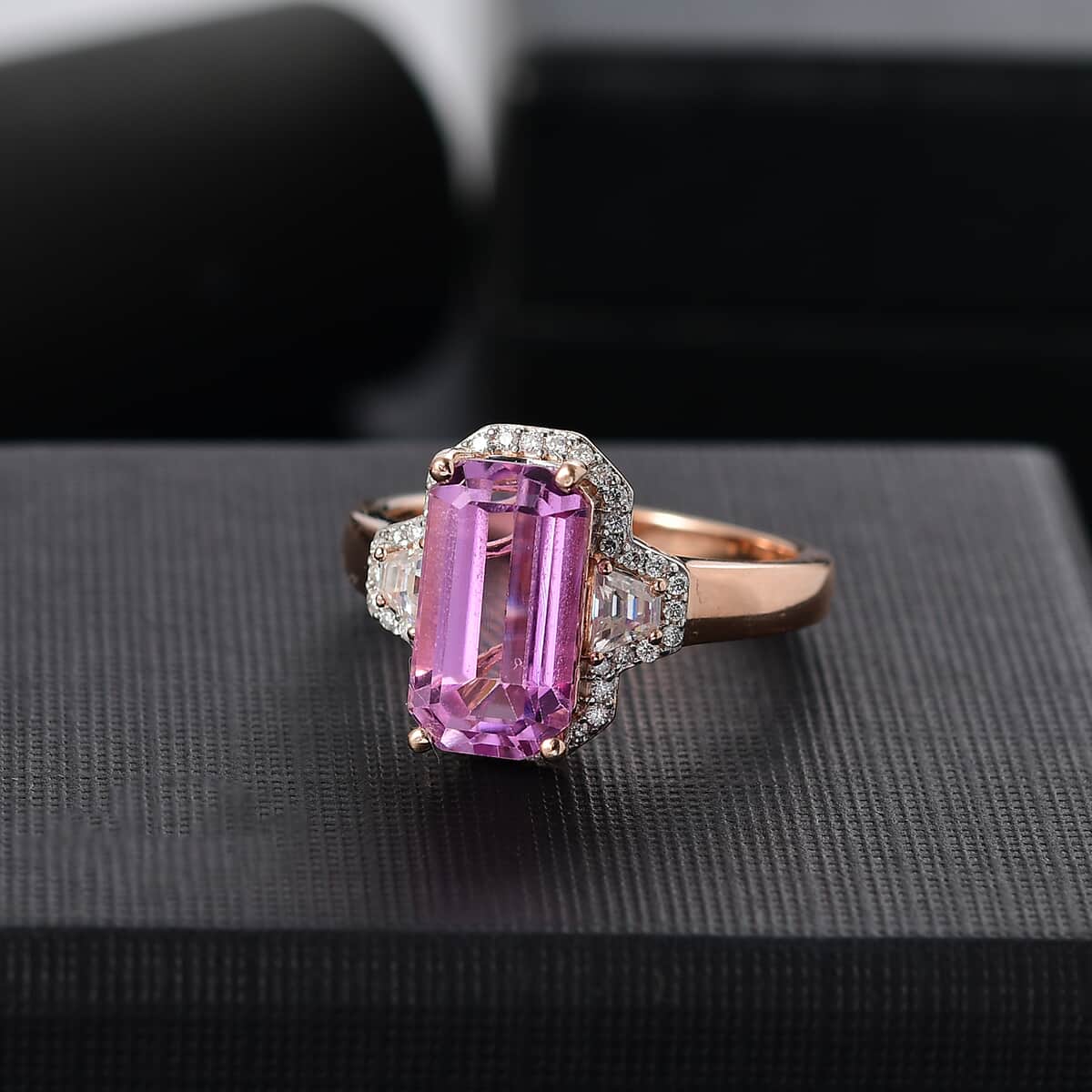 Premium Patroke Kunzite and Moissanite 5.60 ctw Art Deco Ring in 18K Vermeil Rose Gold Over Sterling Silver (Size 10.0) image number 1