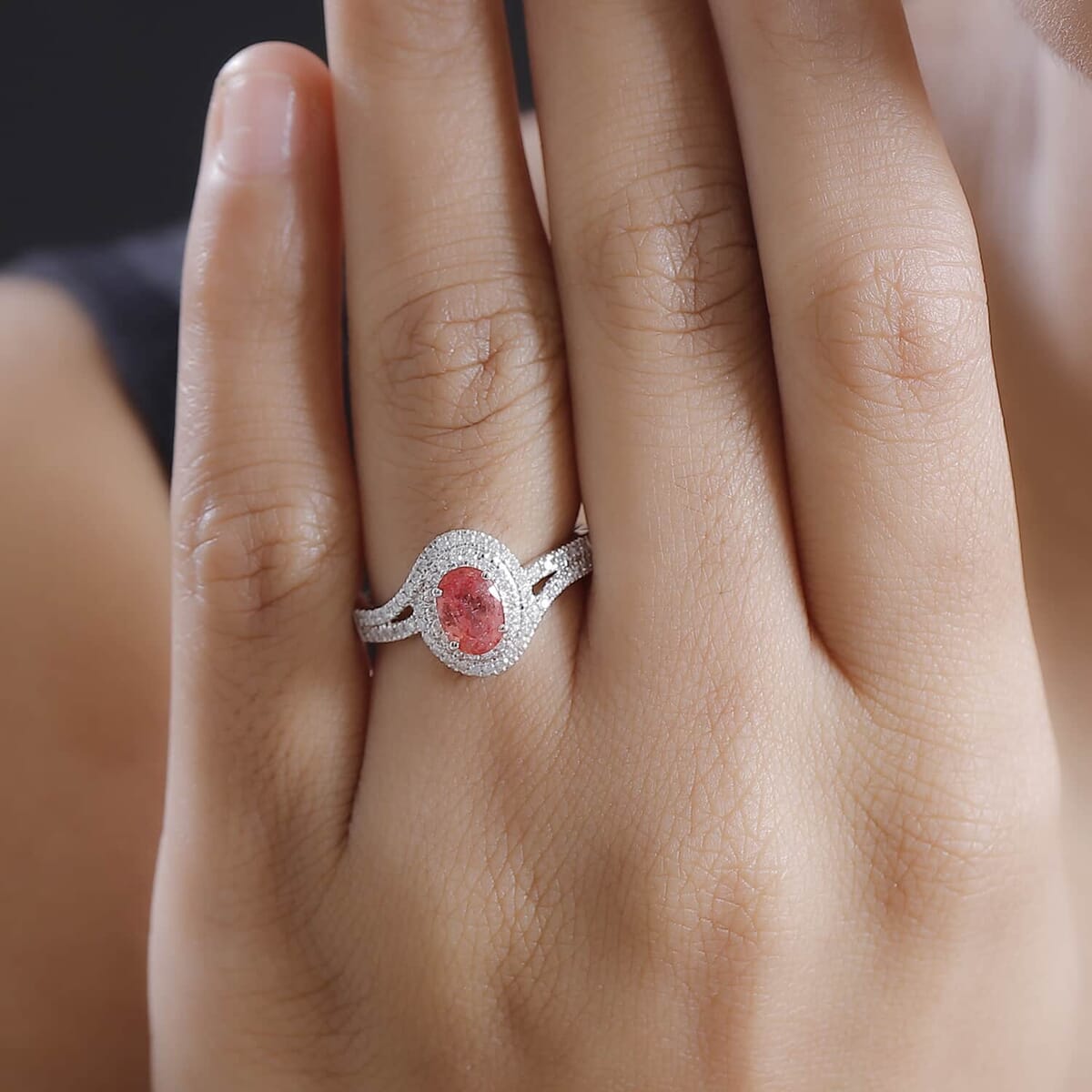 Luxoro 14K White Gold AAA Padparadscha Sapphire (BT), Diamond (G-H, I2) (0.30 cts) Ring (Size 5.0) 1.60 ctw image number 2