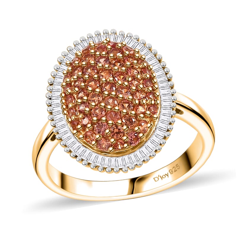 D'Joy AAA Padparadscha Sapphire (BT) and Diamond 1.30 ctw Eclipse Bloom Ring in 18K Vermeil Yellow Gold Over Sterling Silver (Size 10.0)