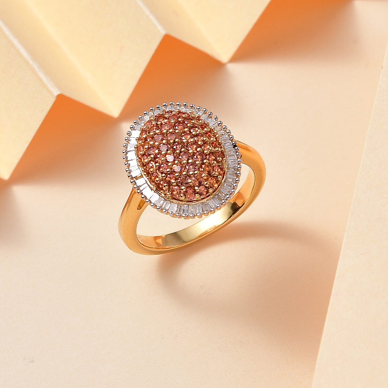 AAA Padparadscha Sapphire (BT), Diamond (0.35 cts) Eclipse Bloom Ring in 18K Vermeil YG Over Sterling Silver (Size 7.0) 1.30 ctw