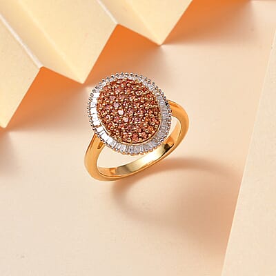 D'Joy AAA Padparadscha Sapphire (BT) and Diamond 1.30 ctw Eclipse Bloom Ring in 18K Vermeil Yellow Gold Over Sterling Silver (Size 7.0)
