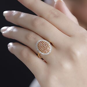 D'Joy AAA Padparadscha Sapphire (BT) and Diamond 1.30 ctw Eclipse Bloom Ring in 18K Vermeil Yellow Gold Over Sterling Silver (Size 8.0)