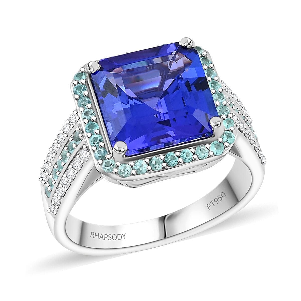 Certified & Appraised Rhapsody AAAA Tanzanite, Paraiba Tourmaline and E-F VS Diamond 6.25 ctw Ring in 950 Platinum (Size 6.5) 11.50 Grams image number 0