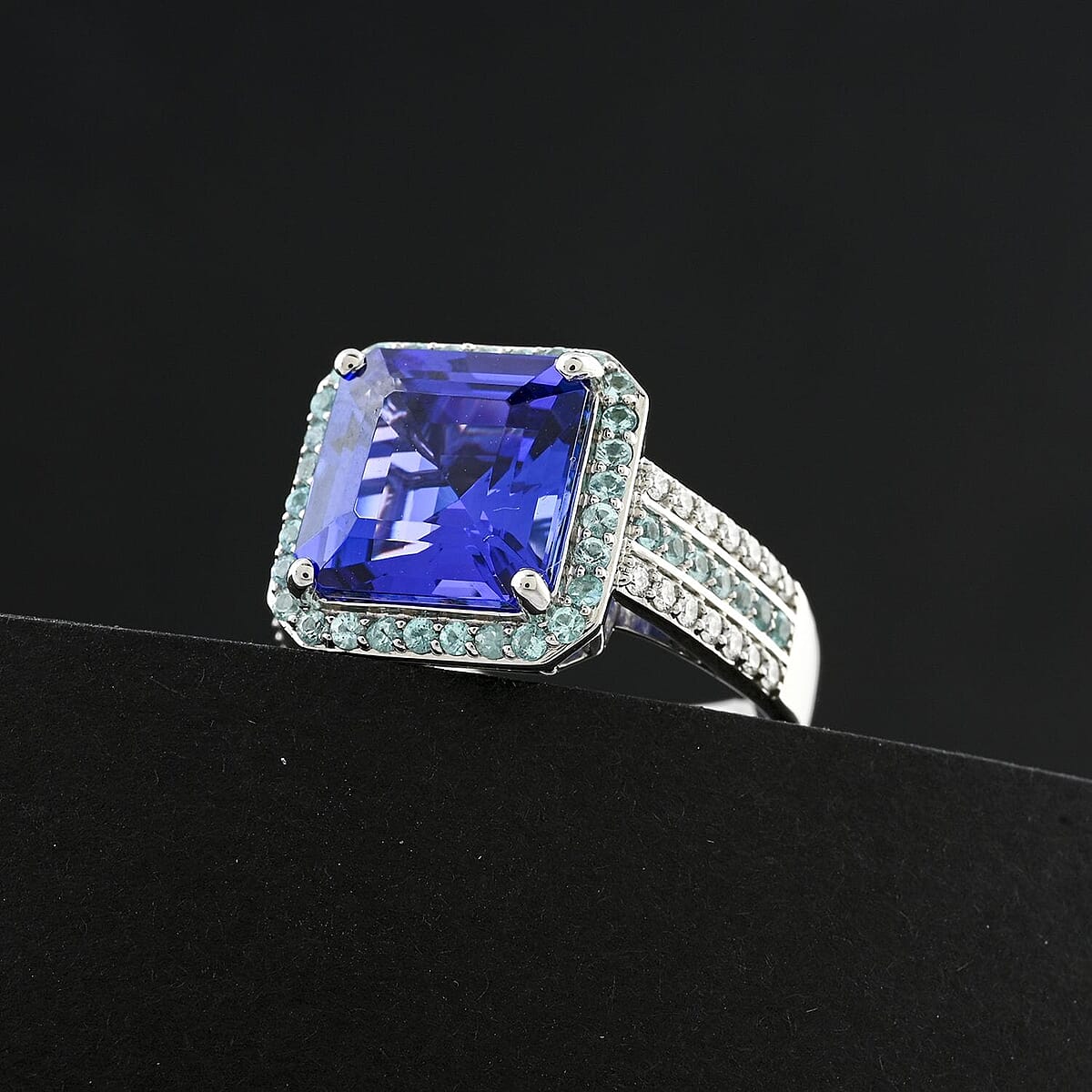 Certified & Appraised Rhapsody AAAA Tanzanite, Paraiba Tourmaline and E-F VS Diamond 6.25 ctw Ring in 950 Platinum (Size 8.5) 11.50 Grams image number 1