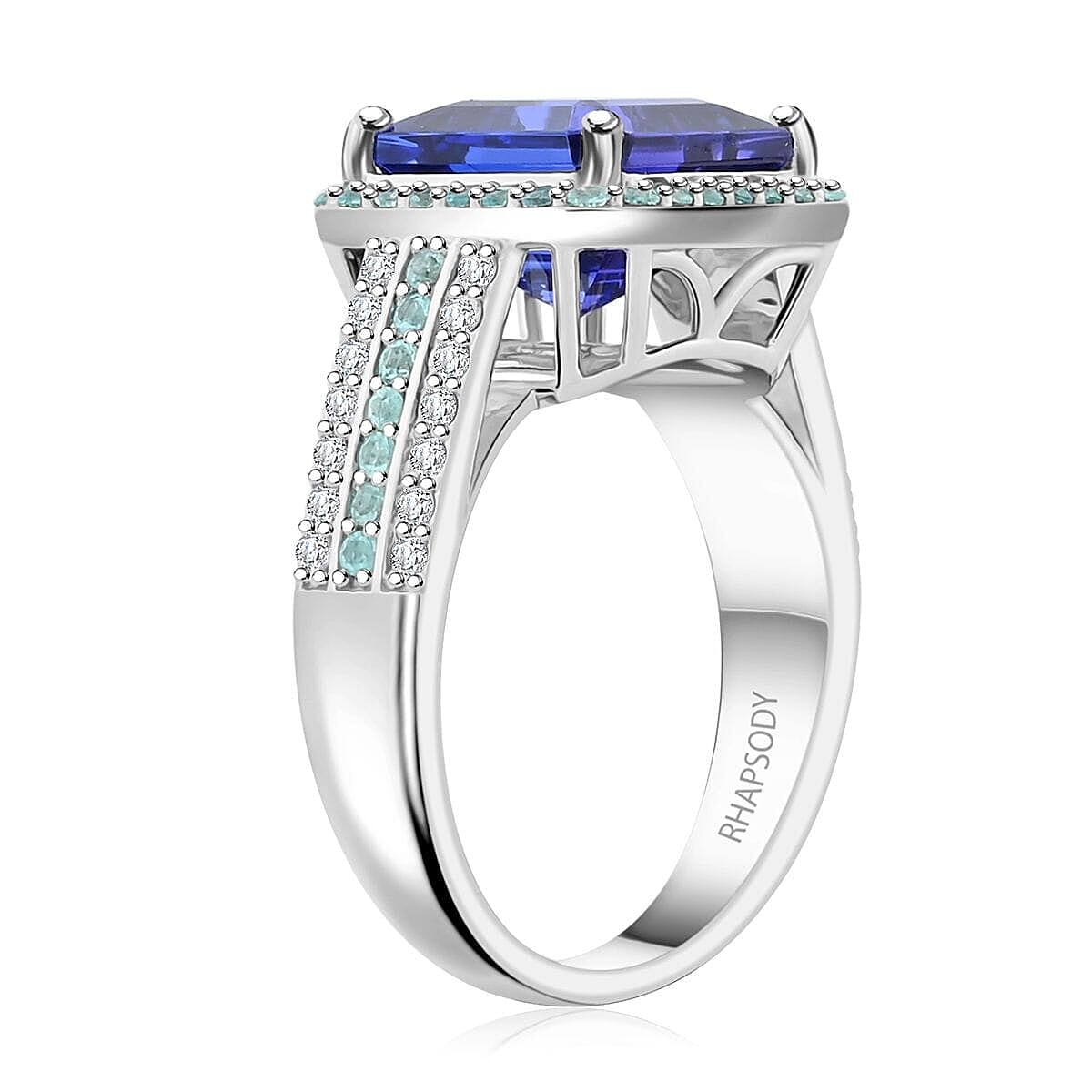 Certified & Appraised Rhapsody AAAA Tanzanite, Paraiba Tourmaline and E-F VS Diamond 6.25 ctw Ring in 950 Platinum (Size 9.0) 11.50 Grams image number 3