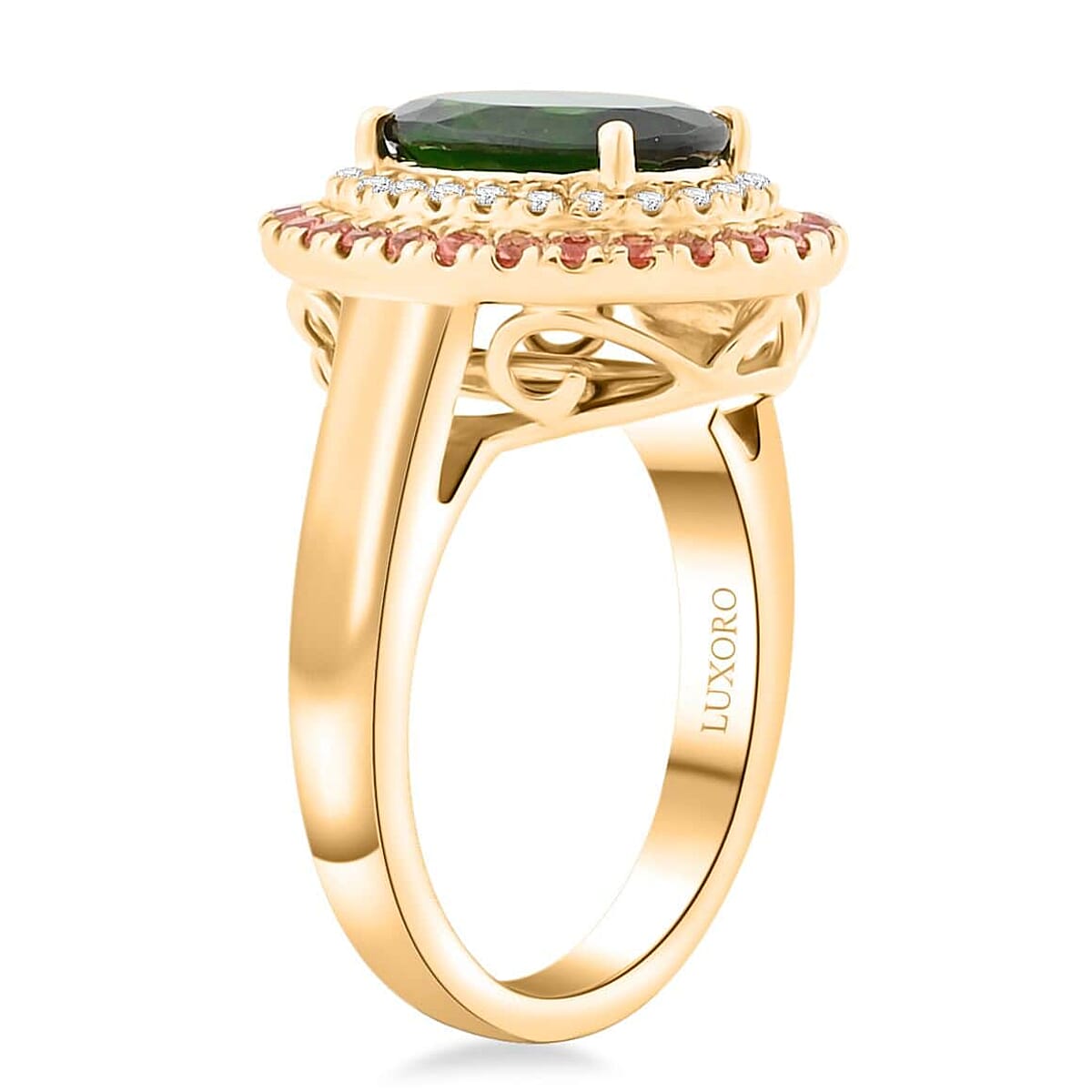 Certified & Appraised Luxoro 10K Yellow Gold AAA Chrome Diopside, Padparadscha Sapphire, Diamond (I2) (0.17 cts) Ring (Size 6.5) 3.00 ctw image number 3