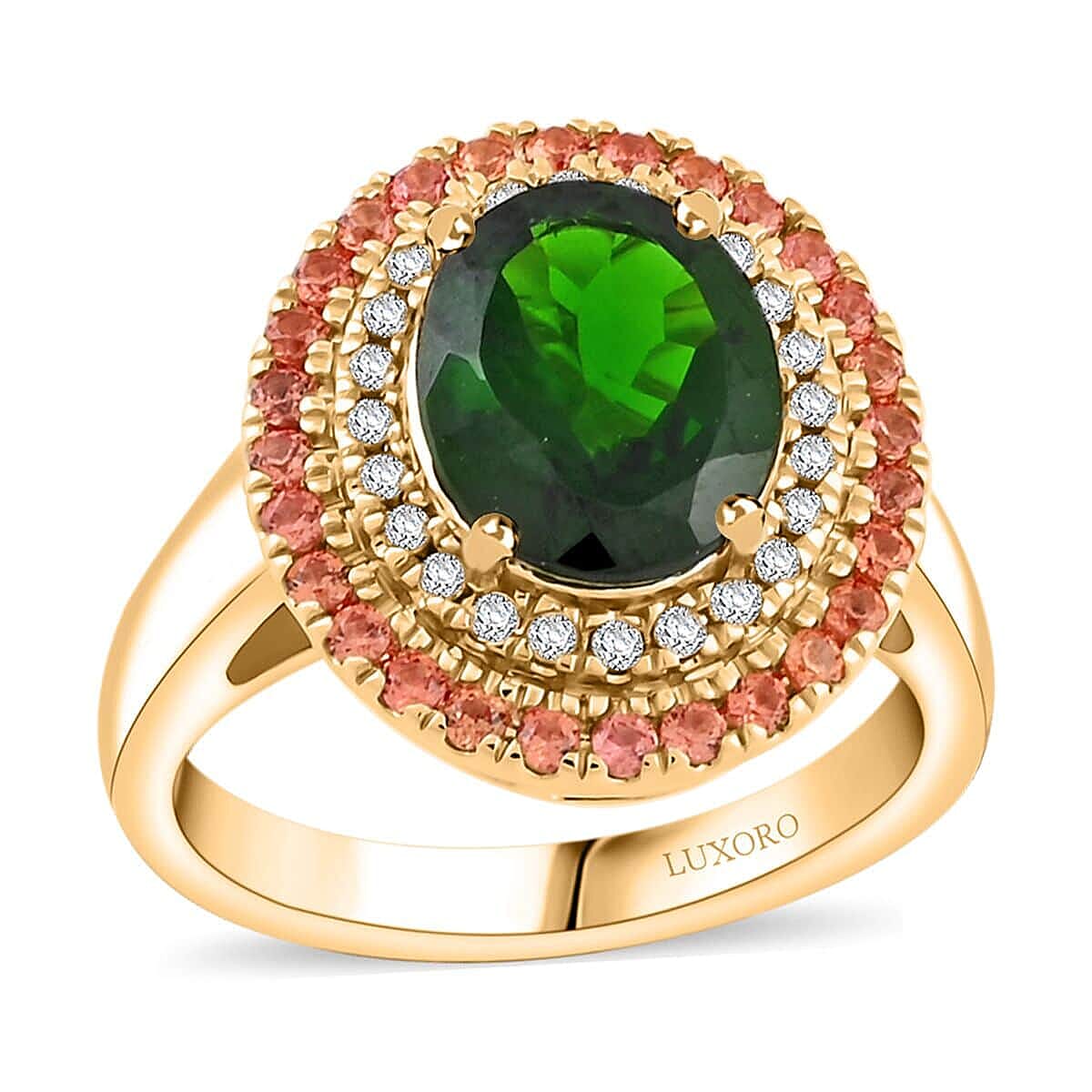 Certified & Appraised Luxoro 10K Yellow Gold AAA Chrome Diopside, Padparadscha Sapphire, Diamond (I2) (0.17 cts) Ring (Size 7.5) 3.00 ctw image number 0
