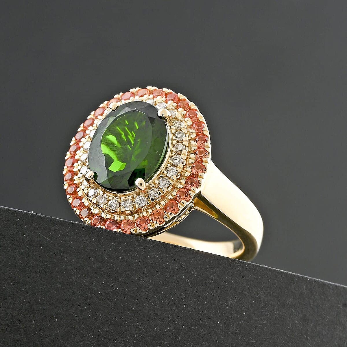 Certified & Appraised Luxoro 10K Yellow Gold AAA Chrome Diopside, Padparadscha Sapphire, Diamond (I2) (0.17 cts) Ring (Size 7.5) 3.00 ctw image number 1