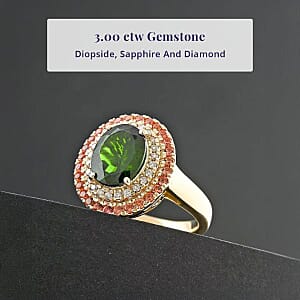 Certified & Appraised Luxoro AAA Chrome Diopside, Padparadscha Sapphire, Diamond Ring in 10K Yellow Gold 3.00 ctw (Size 7.5)