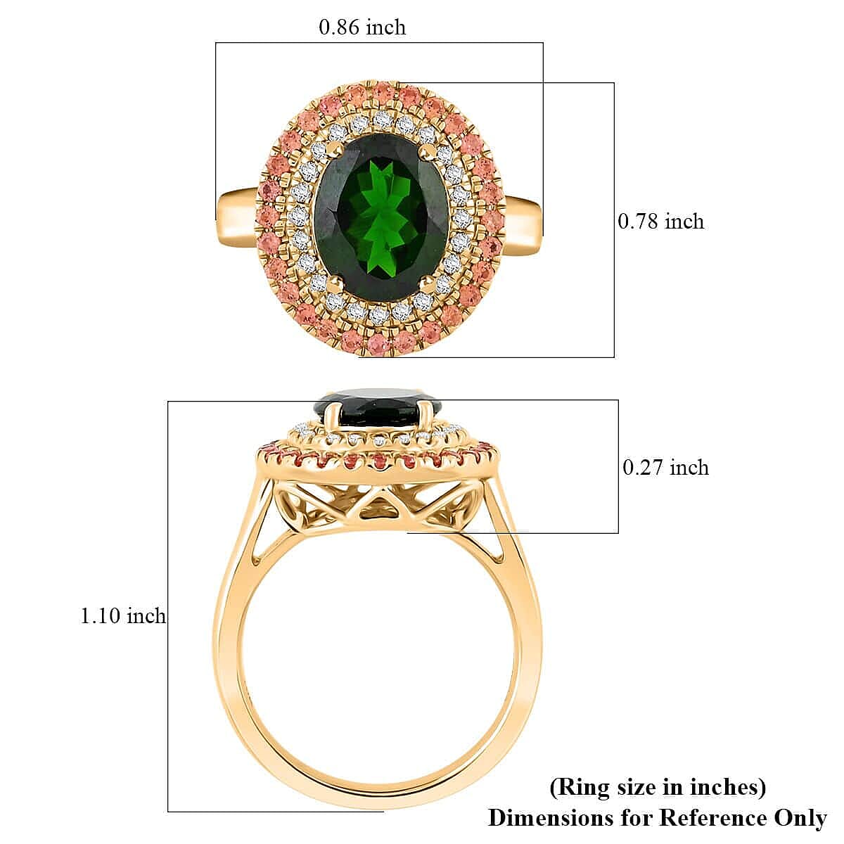 Certified & Appraised Luxoro 10K Yellow Gold AAA Chrome Diopside, Padparadscha Sapphire, Diamond (I2) (0.17 cts) Ring (Size 8.5) 3.00 ctw image number 5