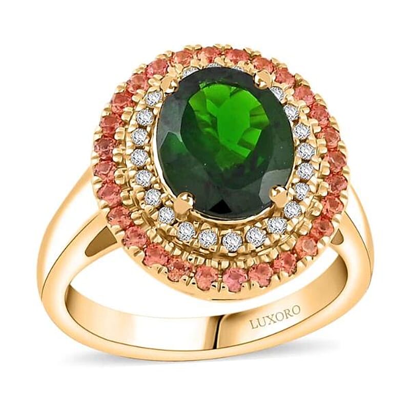 Certified & Appraised Luxoro AAA Chrome Diopside, Padparadscha Sapphire, Diamond Ring in 10K Yellow Gold 3.00 ctw (Size 9.0)