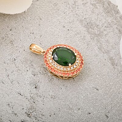 Certified & Appraised Luxoro AAA Chrome Diopside, Padparadscha Sapphire (BT) and G-H I2 Diamond 3.00 ctw Pendant in 10K Yellow Gold
