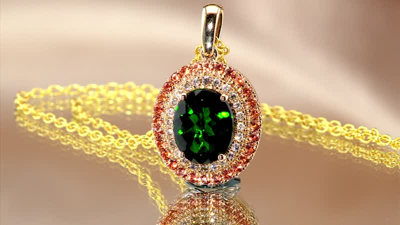 Certified & Appraised Luxoro AAA Chrome Diopside, Padparadscha Sapphire (BT) and G-H I2 Diamond 3.00 ctw Pendant in 10K Yellow Gold