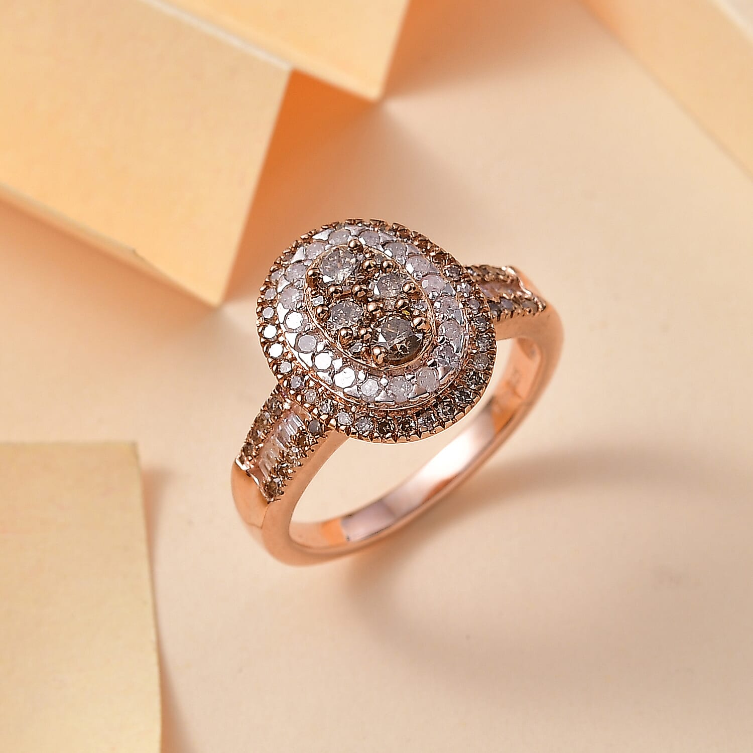 D'Joy Natural Champagne and White Diamond 1.00 ctw Ring in 18K Vermeil Rose Gold Over Sterling Silver (Size 10.0)