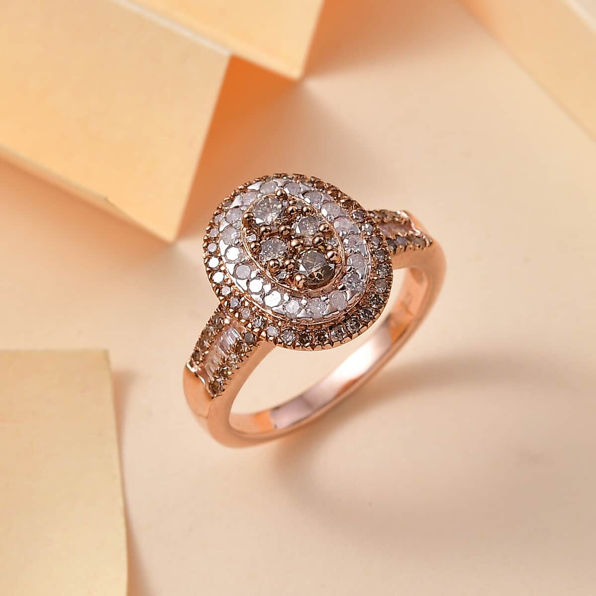 Natural Champagne and White Diamond 1.00 ctw Ring in 18K Vermeil Rose Gold Over Sterling Silver (Size 10.0) image number 1