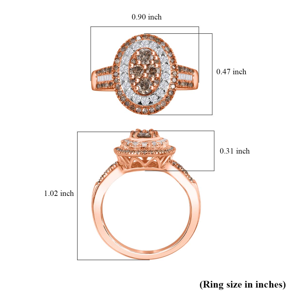 Natural Champagne and White Diamond 1.00 ctw Ring in 18K Vermeil Rose Gold Over Sterling Silver (Size 10.0) image number 5