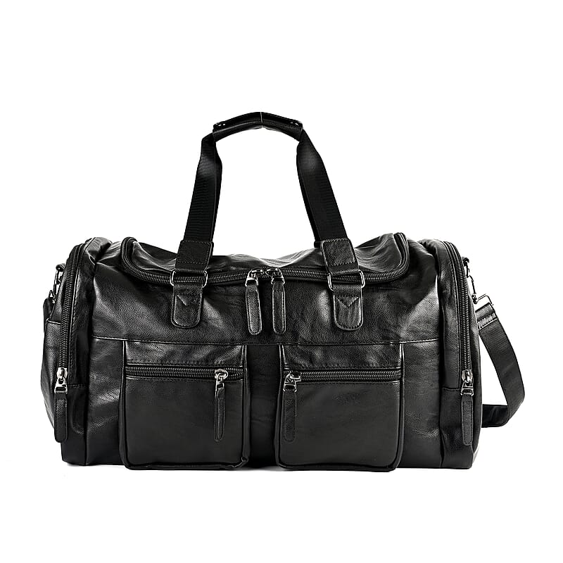 Faux Leather Double Pocket Duffel Bag
